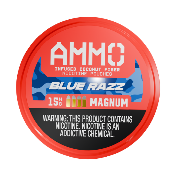 Front facing view of an AMMO | Blue Razz 15mg can