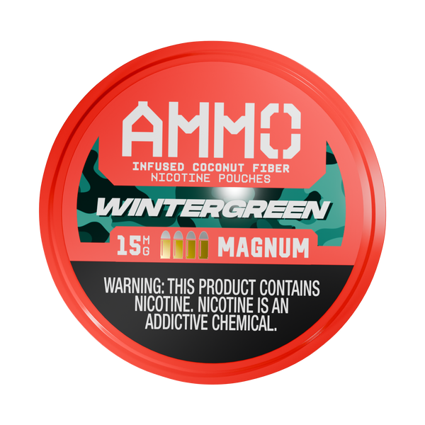 Front facing view of an AMMO | Wintergreen 15mg can