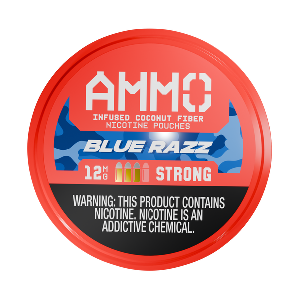 Front facing view of an AMMO | Blue Razz 12mg can