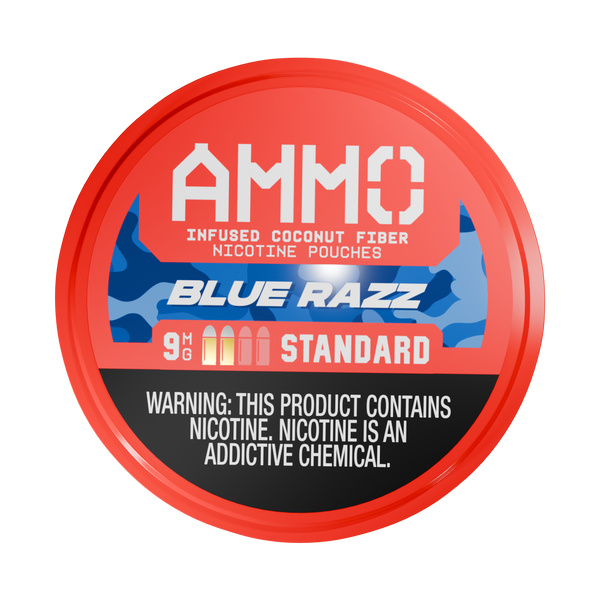 Front facing view of an AMMO | Blue Razz 9mg can