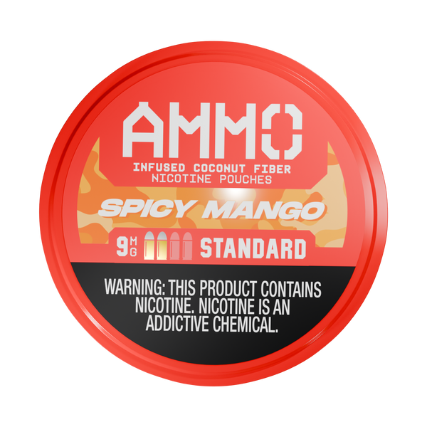 Front facing view of an AMMO | Spicy Mango 9mg can